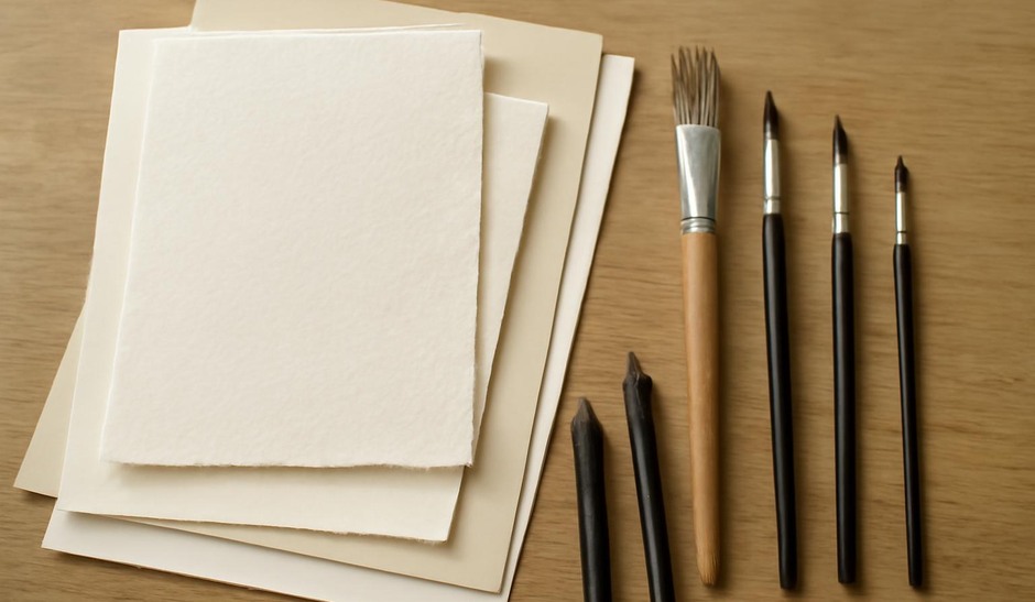 Selection of papers, brushes, and pens arranged on a table