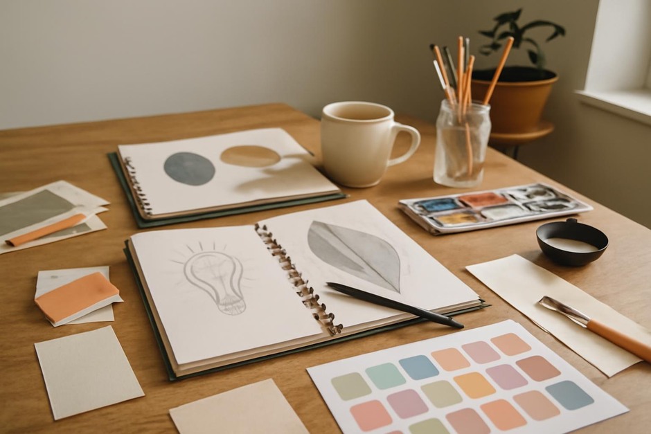 Abstract art desk with color swatches, brush marks, and sketchbook studies.